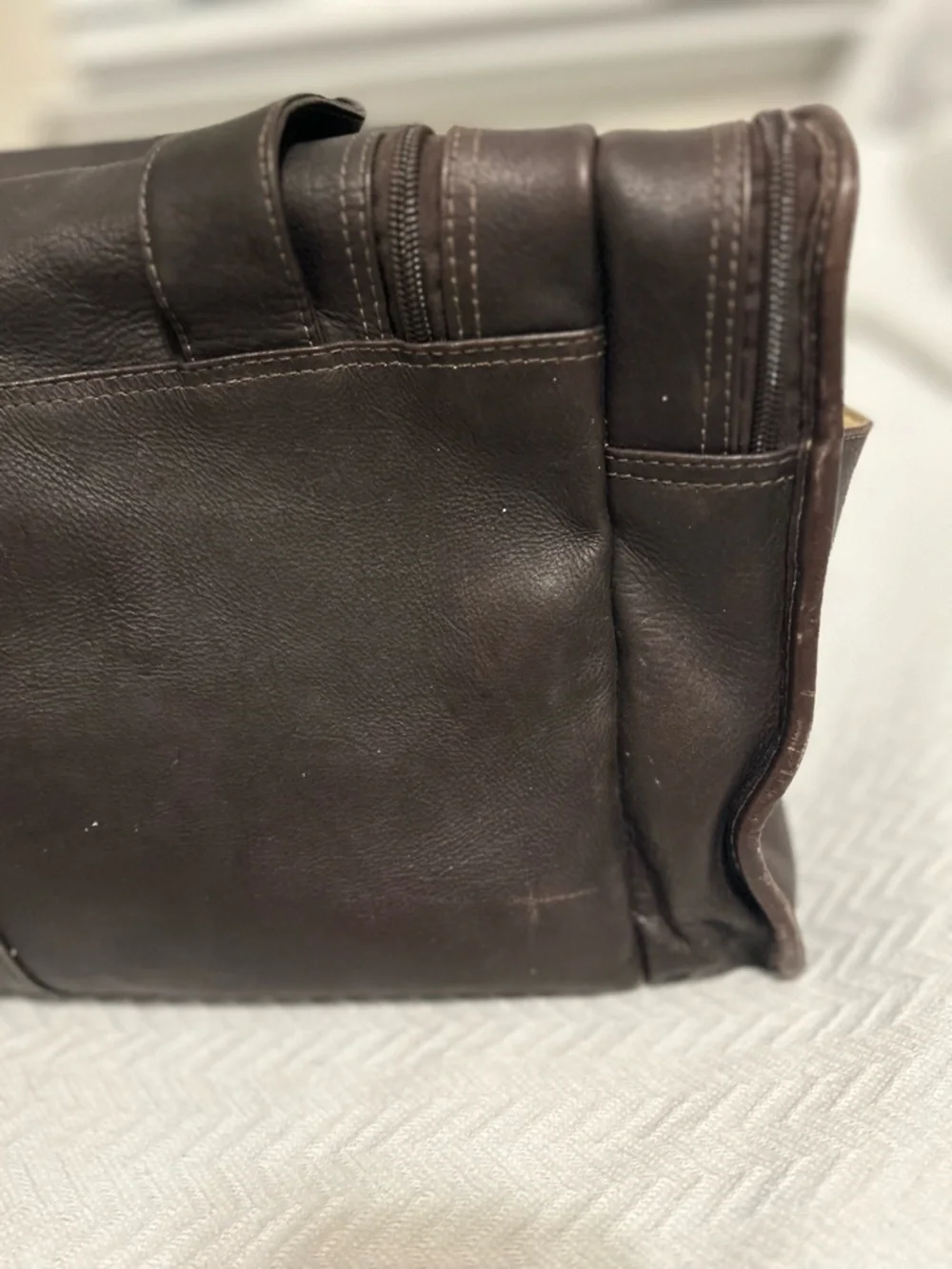 Piel Leather Travel Duffel Bag with Side Pockets Dark Brown Chocolate 19x11x10